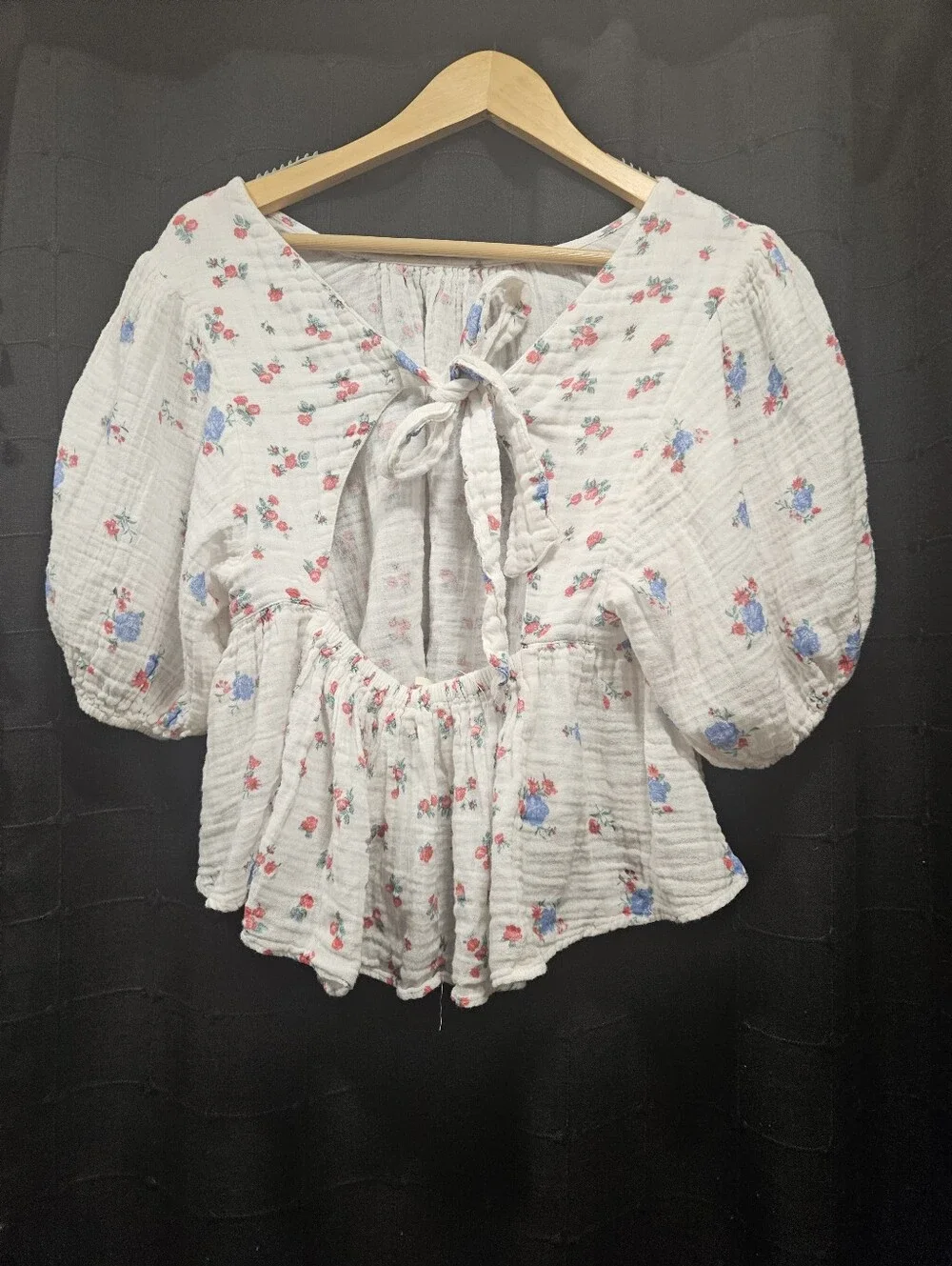 Free People Chloe Floral Puff Sleeve Tie Back Blouse Cotton Gauze White P/S